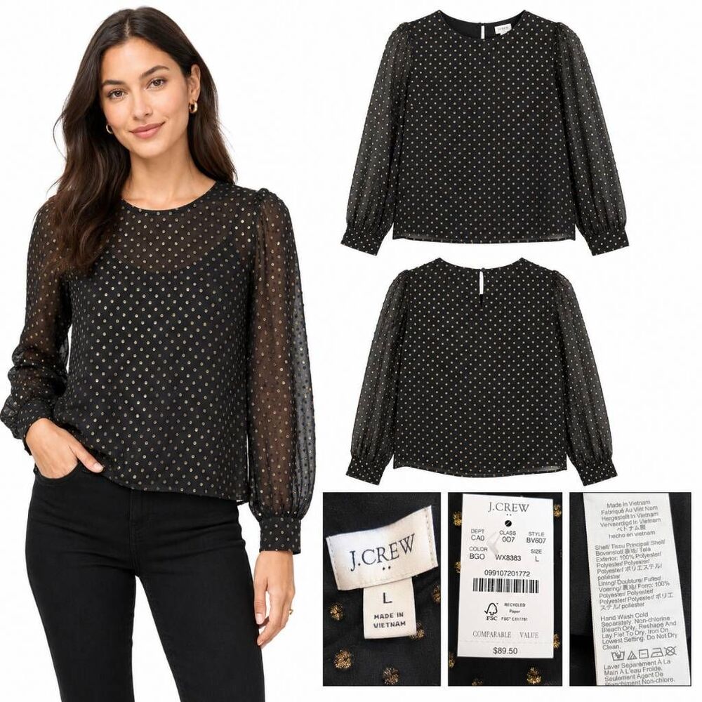 J. Crew L Black Gold Clip Dot Chiffon Blouse NWT